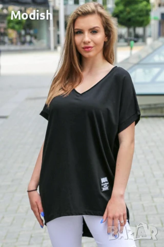 Памучна едноцветна дамска блуза с V-образно деколте 7042, снимка 6 - Тениски - 50696210