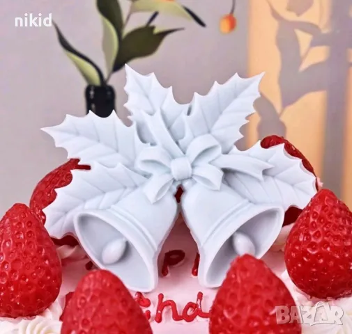 Коледни камбани камбана с имели листа Голям силиконов молд форма фондан гипс шоколад декор украса, снимка 3 - Форми - 48170060