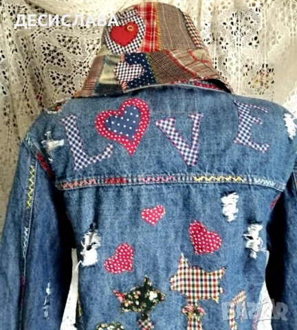 Дънково/деним яке M/L Котки ръчна декорация, снимка 7 - Якета - 52876559