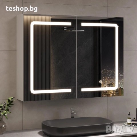 Шкаф за баня с огледало и осветление, 80 x 16 x 60 см, с LED и контакт DICTAC бял