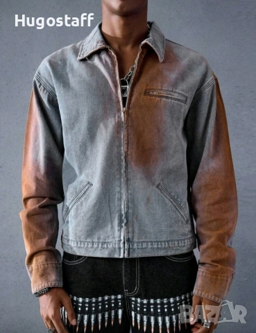 Ново мъжко дънково яке риза с цип спрей деним памук ХЛ, снимка 3 - Якета - 52476730