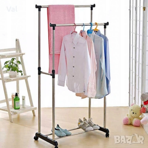 Двойна стойка за дрехи на колела - лесно преместване и повече място за дрехи, снимка 3 - Закачалки - 53879632