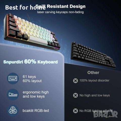Snpurdiri 60% кабелна геймърска клавиатура, 61 клавиша с RGB подсветка, снимка 6 - Клавиатури и мишки - 53950253