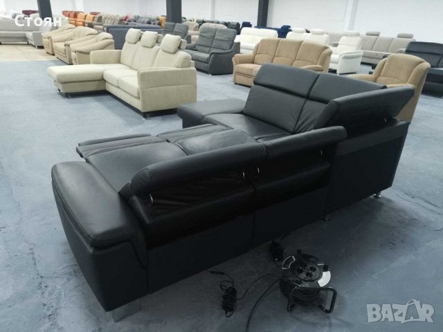 Черен кожен ъглов диван "Boreas" с релаксиращ механизъм, снимка 10 - Дивани и мека мебел - 39394554