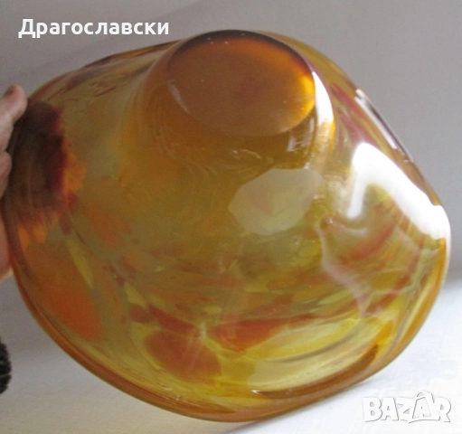 Тежка красива ваза, цвят  кехлибар и фруктиера, стъкло, стъклен, зелен пепелник Сливен, снимка 8 - Вази - 10670305