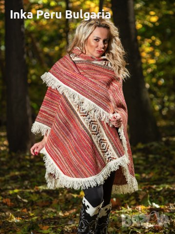 Автентичнo еквадорско унисекс отворено пончо, 100% вълна, оранжево-червено , снимка 3 - Блузи с дълъг ръкав и пуловери - 40189753