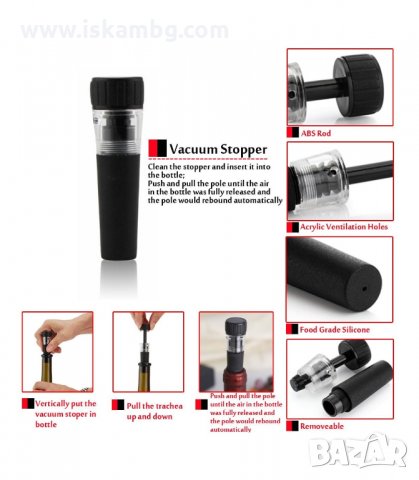 СЕТ ЗА ВИНО ОТ ТИРБУШОН С ВЪЗДУХ, РЕЗАЧКА, ТАПА С ВАКУУМ И НАЛИВНИК - код 2904, снимка 4 - Други - 33910194