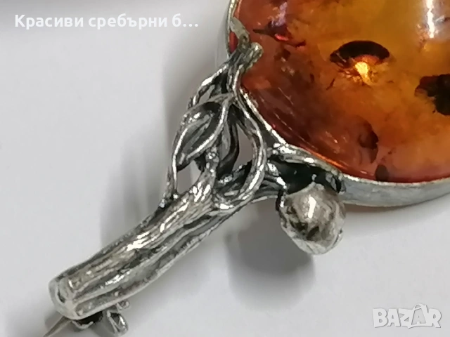 Винтидж сребърна брошка с балтийски кехлибар. , снимка 4 - Колиета, медальони, синджири - 54279980
