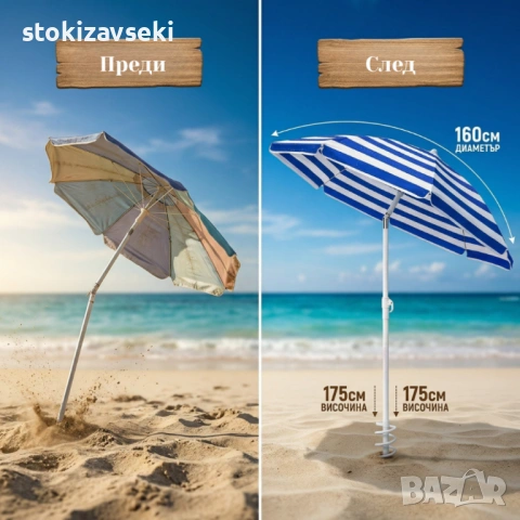 Сгъваем градински чадър 175 см – регулируема височина, за плаж и балкон, снимка 2 - Други стоки за дома - 54128861