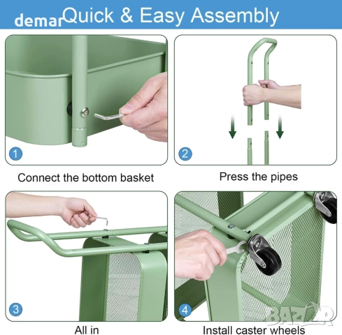 MISSLO Количка за съхранение, 3 нива, подвижна с колела и дръжка, под бюро, 69 см, зелена, снимка 8 - Други стоки за дома - 52722134