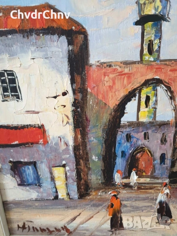 65х57см/стара картина масло върху платно/градски пейзаж-джамия/Мароко-Африка/дървена рамка, снимка 5 - Картини - 51454372