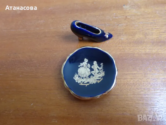   Порцеланова миниатюра купичка и дамска обувка кобалт Limoges Лимож 22K злато, снимка 13 - Антикварни и старинни предмети - 48654907