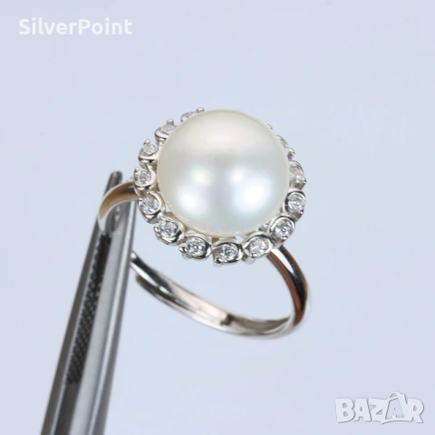 Сребърен пръстен с голяма 11 мм натурална Перла със сертификат , снимка 2 - Пръстени - 54233493
