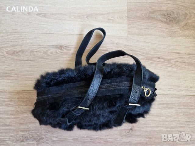 Нова черна чанта от естествена козина с леопардов принт