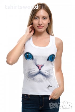 Нов дамски бял потник с 3D принт Котка със сини очи, Х-гръб, прав гръб, снимка 5 - Потници - 28361545