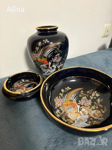 Елегантен винтидж комплект трио в японски стил – ваза, купа и пепелник, снимка 2 - Антикварни и старинни предмети - 54084697