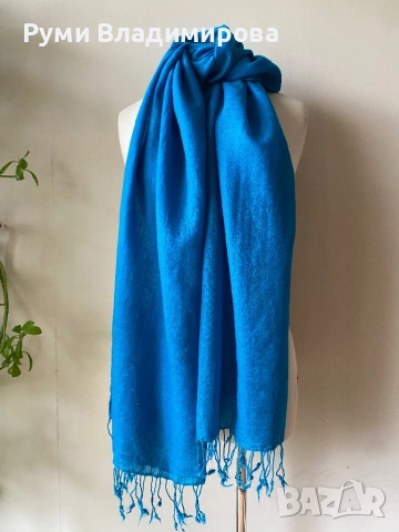 Син, тюркоазен шал от 100  % вълна, снимка 3 - Шалове - 52493358