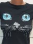 Страхотна нова дамска черна тениска с 3D трансферен печат Котка със сини очи, снимка 8