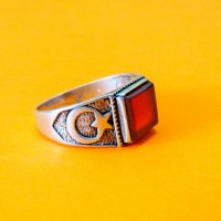 Стар красив мъжки сребърен пръстен, турски пръстен с карнеол и с ГОЛЯМ полумесецът и звездата, т, снимка 1 - Пръстени - 37691989