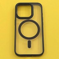 калъф за iPhone 15 Pro прозрачен твърд с черна силиконова рамка MagSafe, снимка 1 - Калъфи, кейсове - 42315741