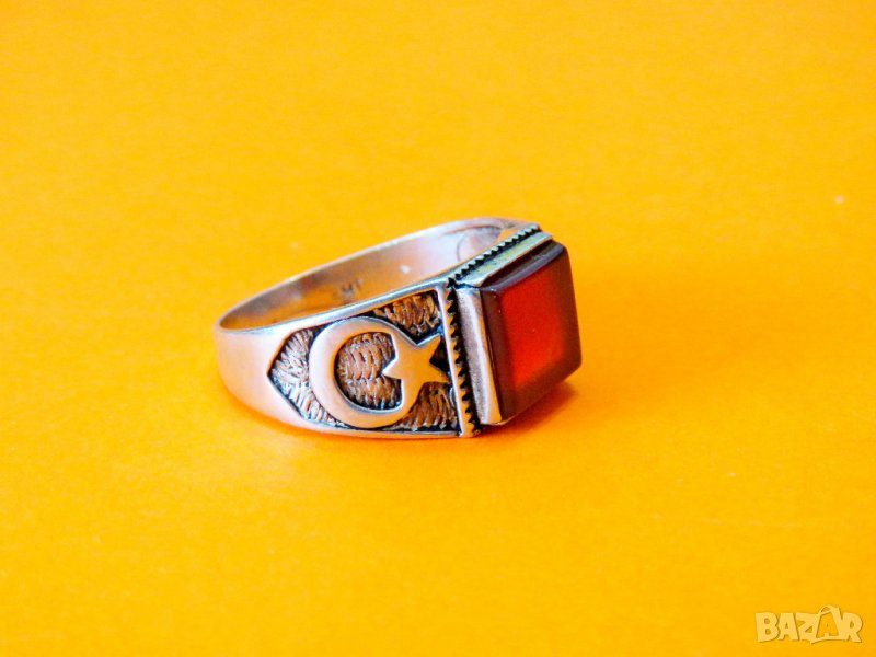 Стар красив мъжки сребърен пръстен, турски пръстен с карнеол и с ГОЛЯМ полумесецът османски пръстен, снимка 1