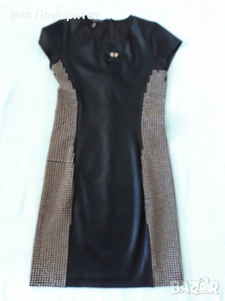 PHILIPP PLEIN-  Черна елегантна рокля със златни капсоловани точки, кожа и метал, дълъг цип на гърба, снимка 1