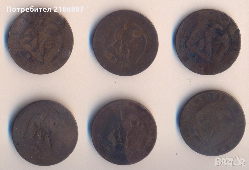 Франция лот 6 броя от по 5 сантима 1853-1856 година, снимка 1