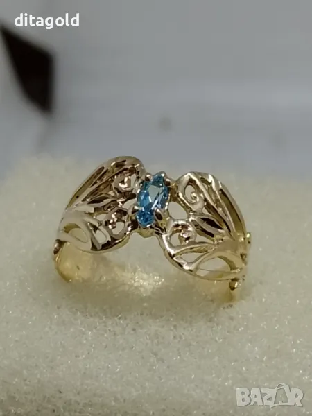 Нов 14К златен пръстен с естествен син топаз, снимка 1