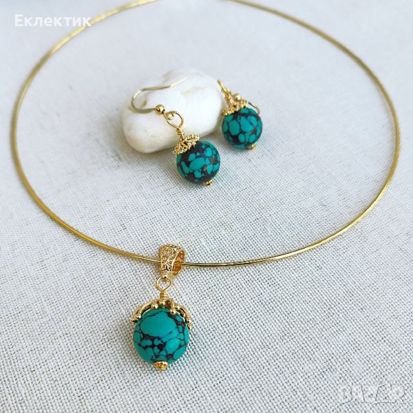 Позлатени комплекти от обеци и колиета с полускъпоценни камъни, снимка 1