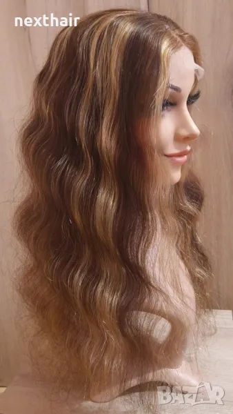 Естествена чуплива кафява перука с руси кичури и дантела лейс фронт 4х4, снимка 1