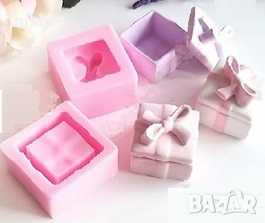 3D кутия квадрат с панделка 2 части силиконов молд форма калъп гипс декор бижу украса подарък, снимка 1