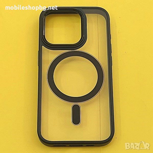калъф за iPhone 15 Pro прозрачен твърд с черна силиконова рамка MagSafe, снимка 1