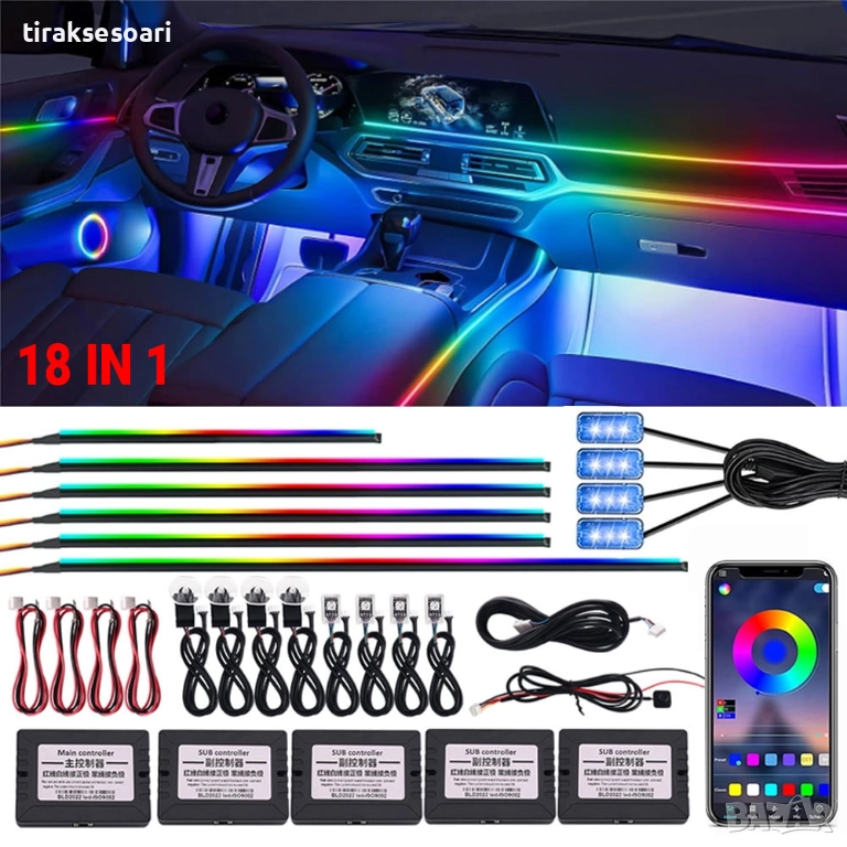 RAINBOW LED амбиентно осветление за автомобили с RGB 256 цвята, 18 в 1, снимка 1