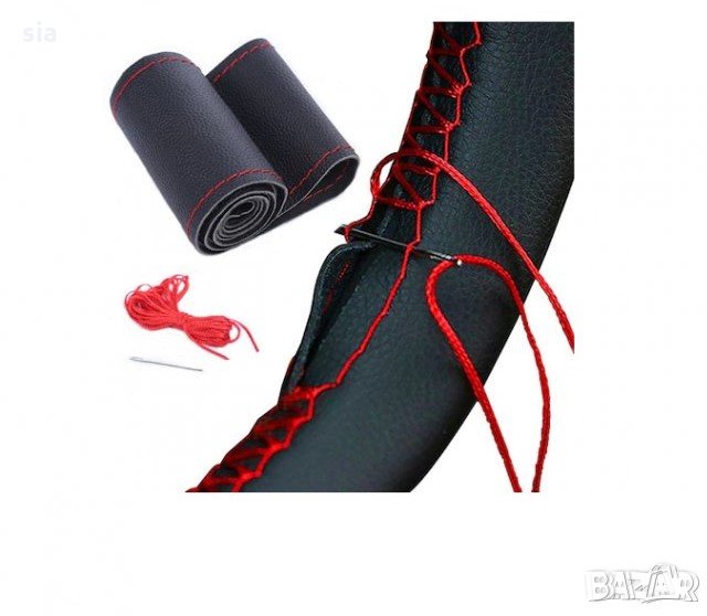 Калъф за волан от еко кожа , М, 38см, за шиене с червен конец, черен, снимка 1