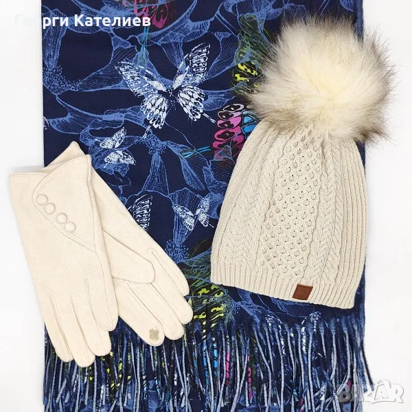 Дамски комплект кашмирен шал, шапка с пух и луксозни ръкавици Код на продукта:DK-0080, снимка 1