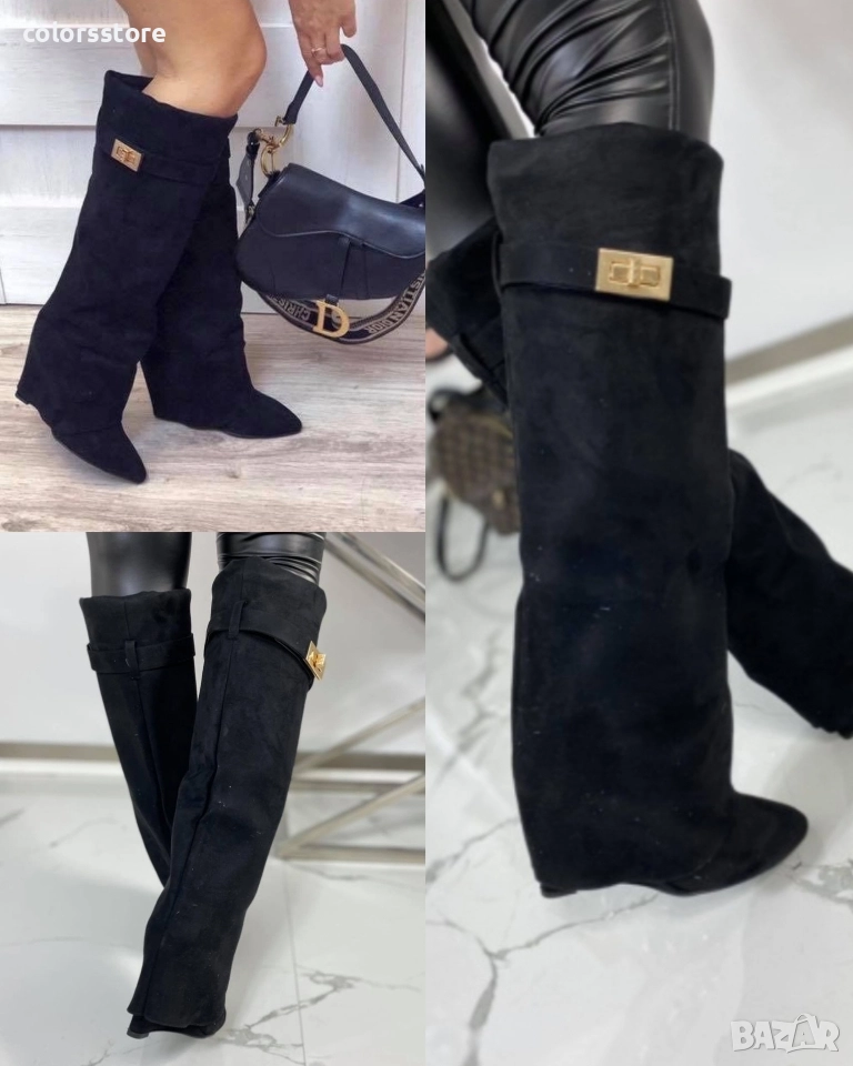 Ботуши на платформа - черен велур - K-40, снимка 1