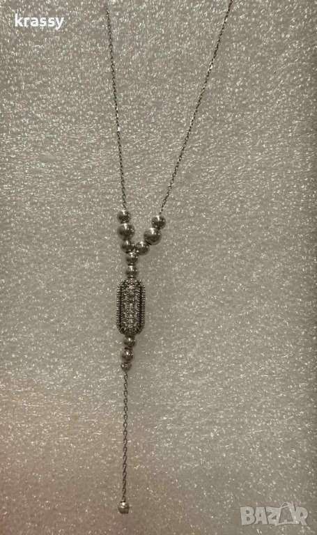 Страхотно нежно сребърно дамско колие с топчета и продълговата висулка с камъни, снимка 1
