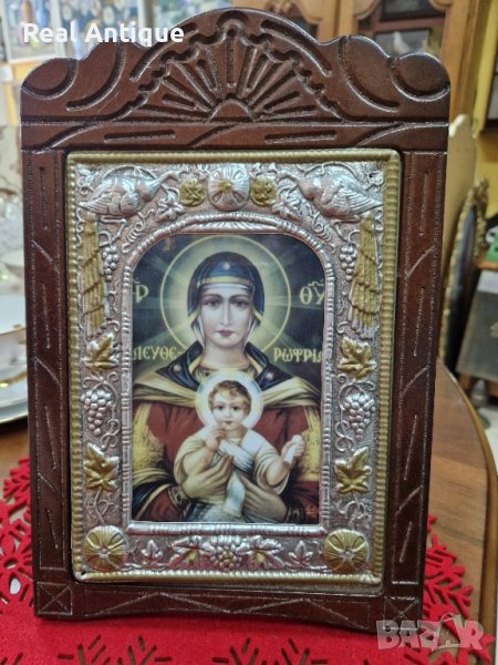 Красива голяма антикварна гръцка икона с дърворезба и обков , снимка 1