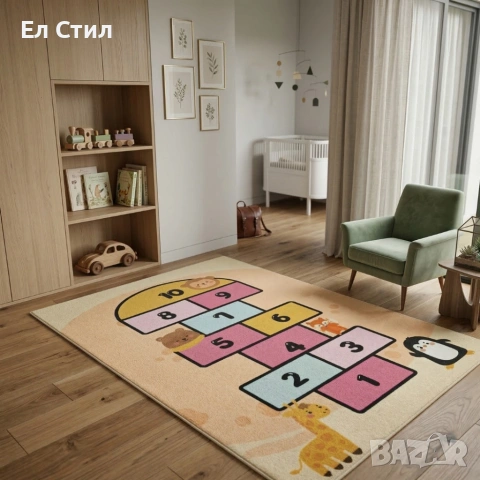 Детски килим за игра 120х160см - Светложълт килим с цветни къщички, противоплъзгащ и миещ се, снимка 4 - Други - 53928182