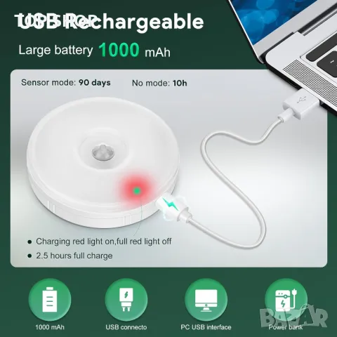LED нощна лампа с топло/студено бяло, сензор за движение, вътрешни USB акумулаторни лампи - 2 броя, снимка 6 - Лед осветление - 49333041