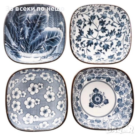 Комплект 4 керамични купички – синьо-бял дизайн, 10.5 см Код P2221