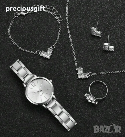 Дамски комплект от 5 части - часовник, гердан, гривна, пръстен и обеци, снимка 3 - Дамски - 54139236