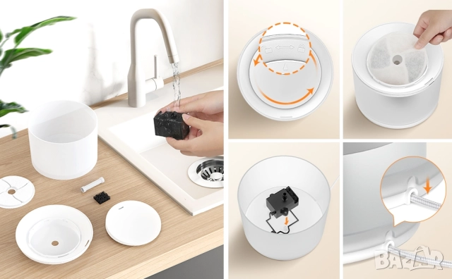 Автоматичен фонтан за вода за котки с безжична помпа, 2.2 литра, снимка 9 - За котки - 52532366