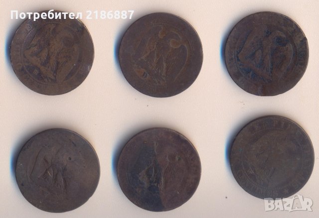 Франция лот 6 броя от по 5 сантима 1853-1856 година, снимка 1 - Нумизматика и бонистика - 34215455