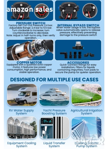 12V автоматична водна помпа,2.4 бара, 95 W, 12.5 л/мин,за кемпер, лодка,напояване,тиха, снимка 8 - Водни помпи - 54160374
