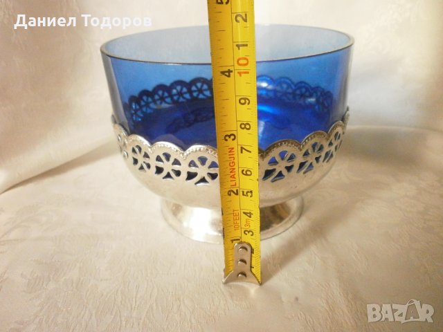  Стара Руска Посребрена Фруктиера, с Кобалтово Синьо Стъкло, снимка 11 - Антикварни и старинни предмети - 32013345