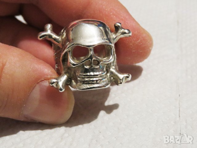 стар мъжки сребърен пръстен, рокерски пръстен солиден с череп сребро, снимка 2 - Пръстени - 31305757