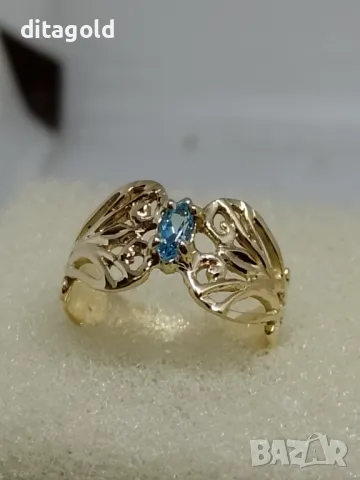 Нов 14К златен пръстен с естествен син топаз, снимка 1