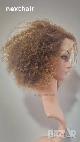 Къса естествена афро перука с обем - кафява с руси кичури | Lace Front 13x4, снимка 9 - Аксесоари за коса - 55707424
