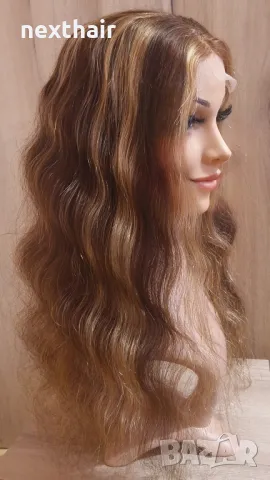 Естествена чуплива кафява перука с руси кичури и дантела лейс фронт 4х4, снимка 1